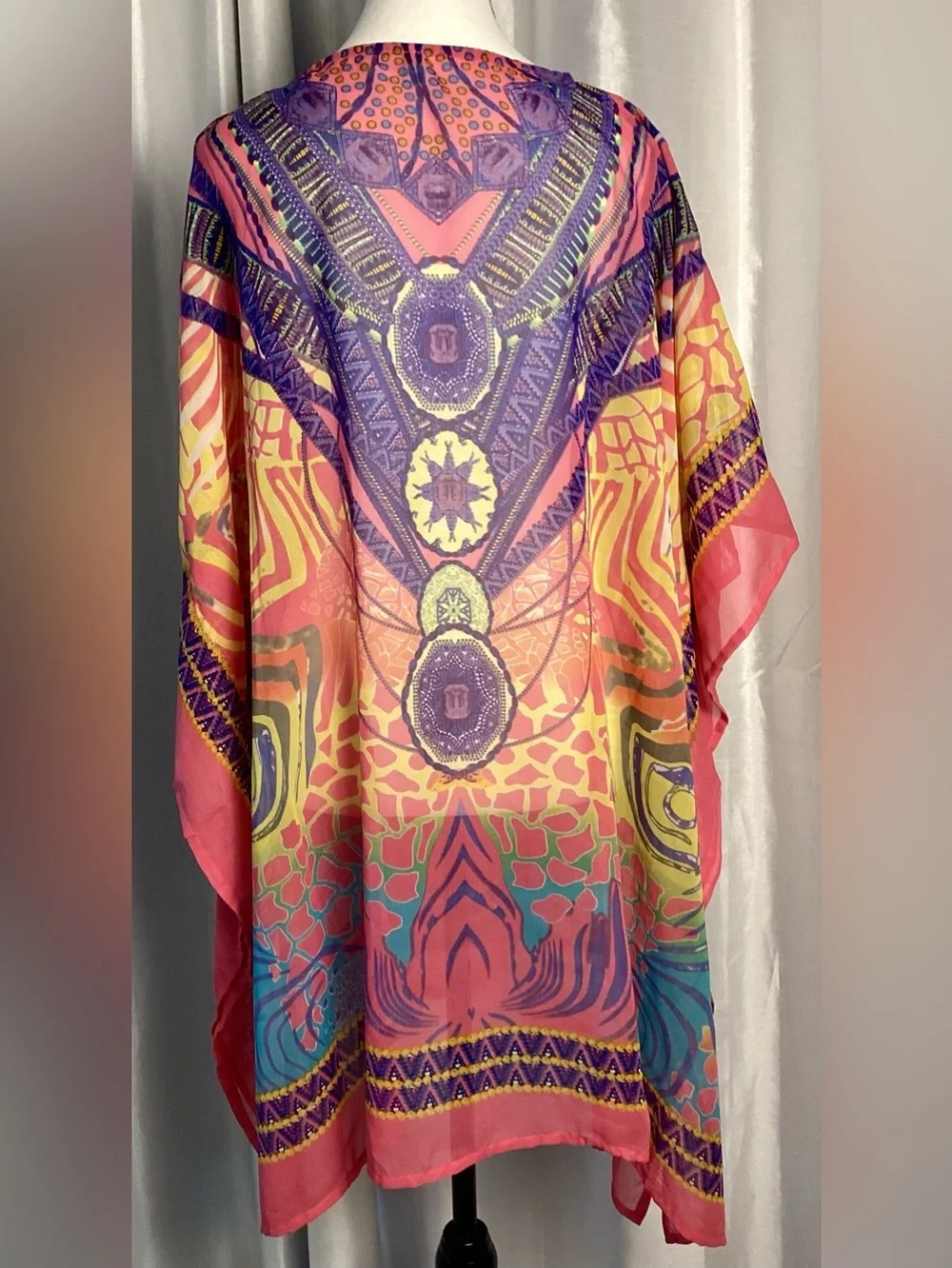 Rhinestone Boho Chiffon Kaftan Tunic Pink Teal Exotic Festival Caftan Top OS